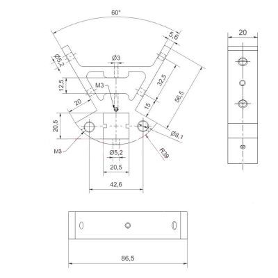 براکت آلومینیومی K800 پرینتر سه بعدی دلتا (Delta Kossel) مناسب برای پروفیل شیاردار 20×20
