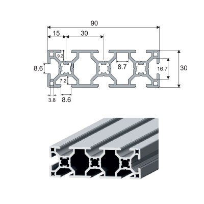 پروفیل آلومینیومی شیاردار 90*30