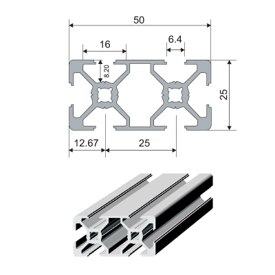 پروفیل آلومینیومی شیاردار 50*25