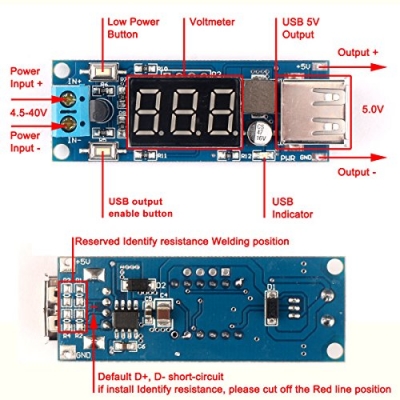 شارژر USB - مبدل 4.5-40 V به 5V/2A با نمایشگر ولت متر