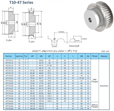 پولی تایمینگ سری T10-47 با گام 10mm و دندانه‌های مختلف