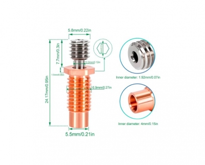 پیچ سوراخ دار e3d V6 1.75mm red copper pipe